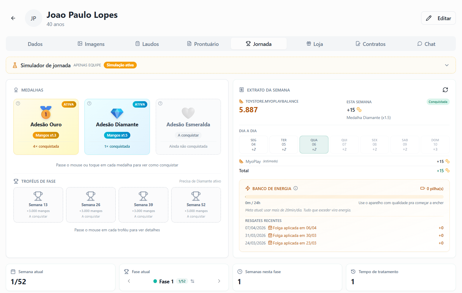 Painel Myoplay com jornada do paciente, medalhas e extrato semanal